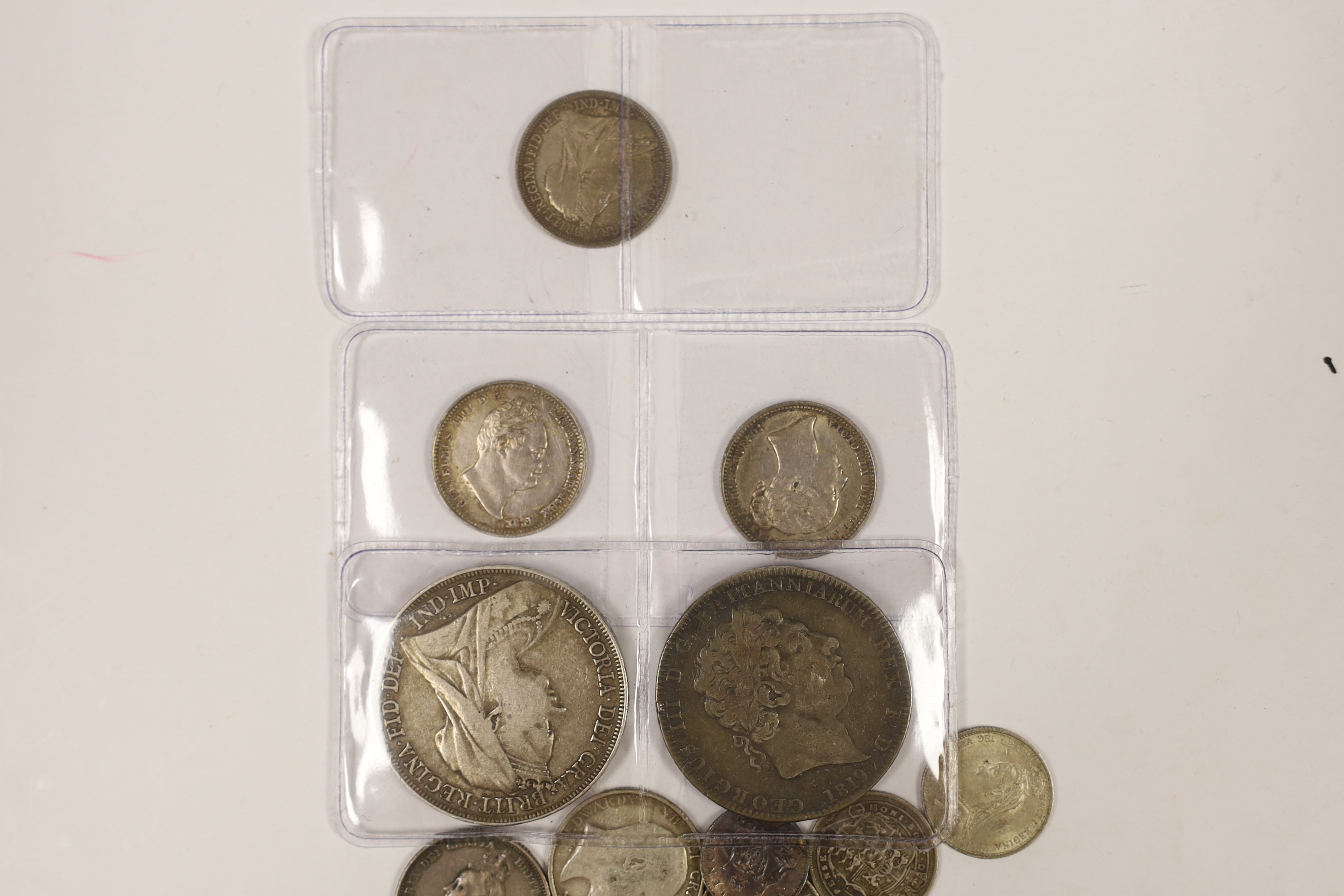 British silver coins, George III to George V, including a William IV shilling 1834, VF, various Victoria shillings 1870, VF, 1901 good VF etc. two crowns, 1819 and 1895, and mixed George III and later silver